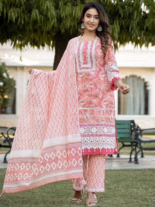 Peach Printed Gotta Patti Pure Cotton Pakistani Style Kurta With Trousers & Dupatta