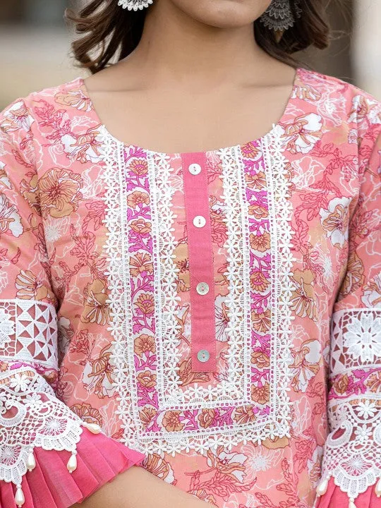 Peach Printed Gotta Patti Pure Cotton Pakistani Style Kurta With Trousers & Dupatta
