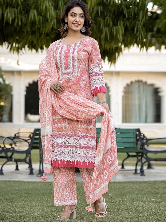 Peach Printed Gotta Patti Pure Cotton Pakistani Style Kurta With Trousers & Dupatta