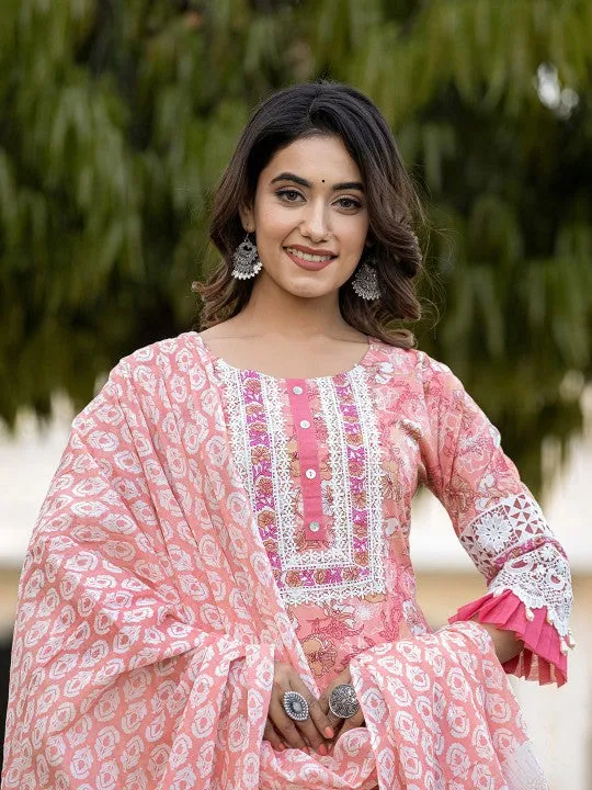 Peach Printed Gotta Patti Pure Cotton Pakistani Style Kurta With Trousers & Dupatta