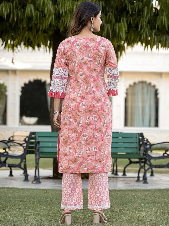Peach Printed Gotta Patti Pure Cotton Pakistani Style Kurta With Trousers & Dupatta