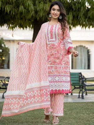 Peach Printed Gotta Patti Pure Cotton Pakistani Style Kurta With Trousers & Dupatta