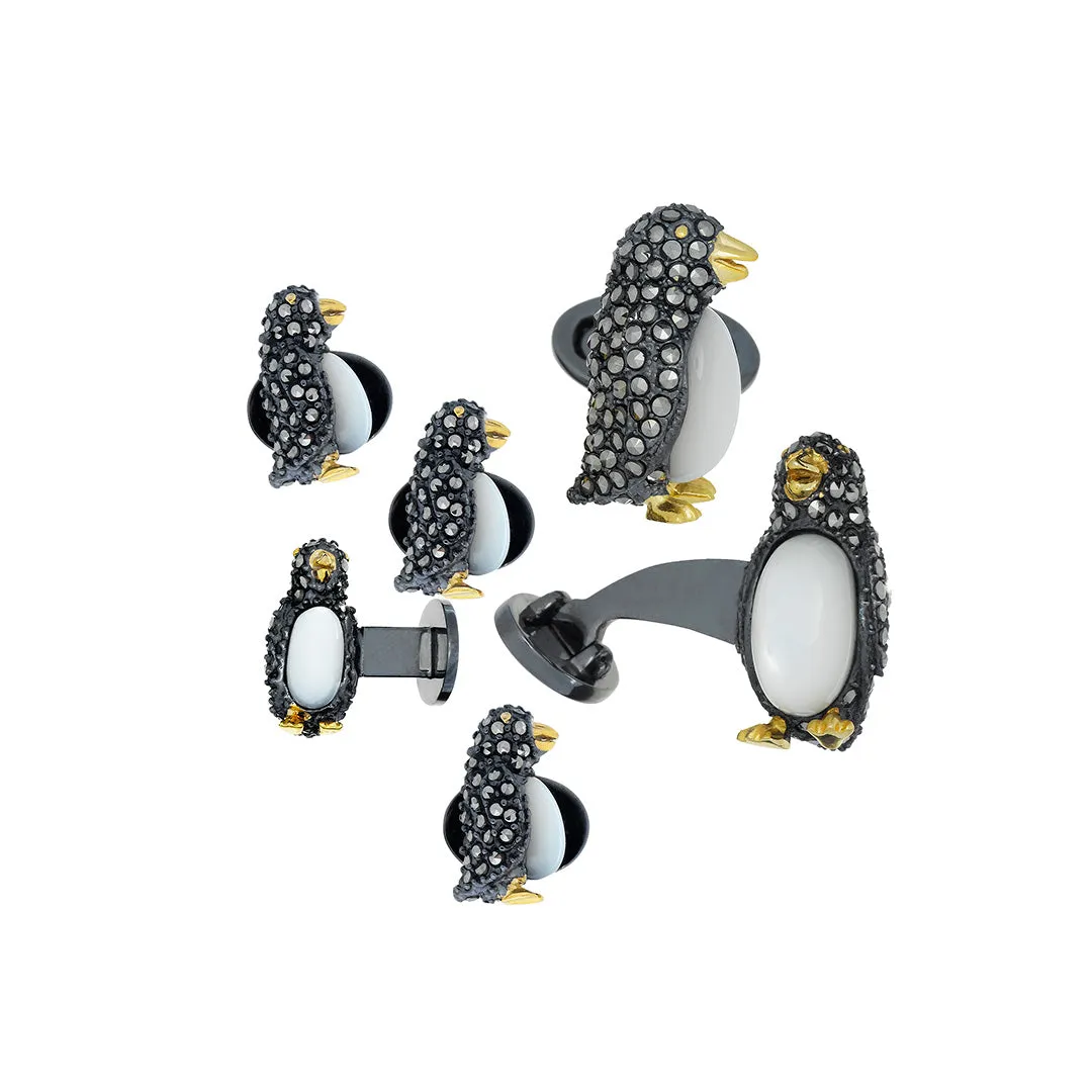 Penguin Marcasite & Mother Pearl Sterling Cufflinks and Studs Set
