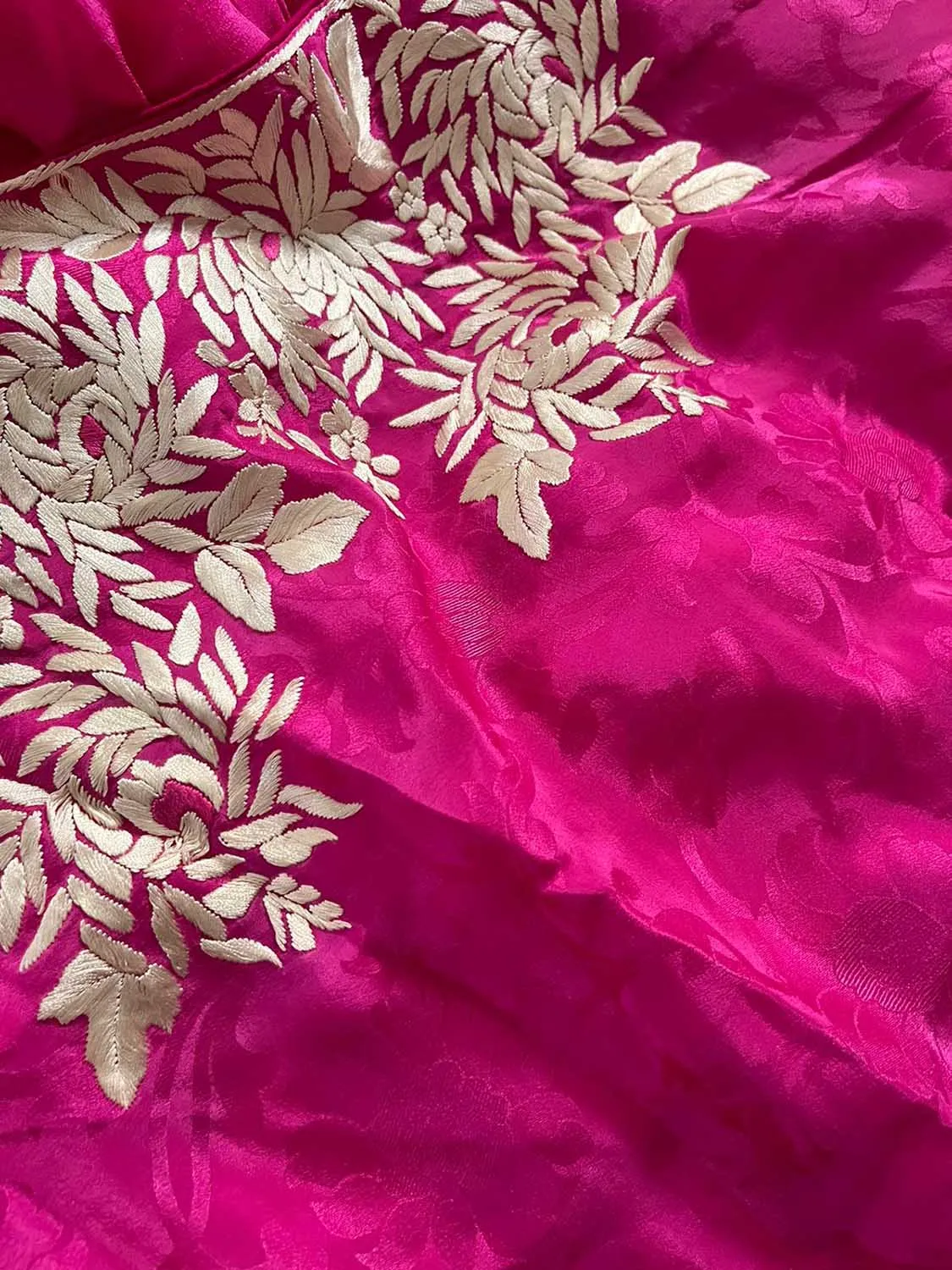 Pink Hand Embroidered Parsi Gara Crepe Floral Saree
