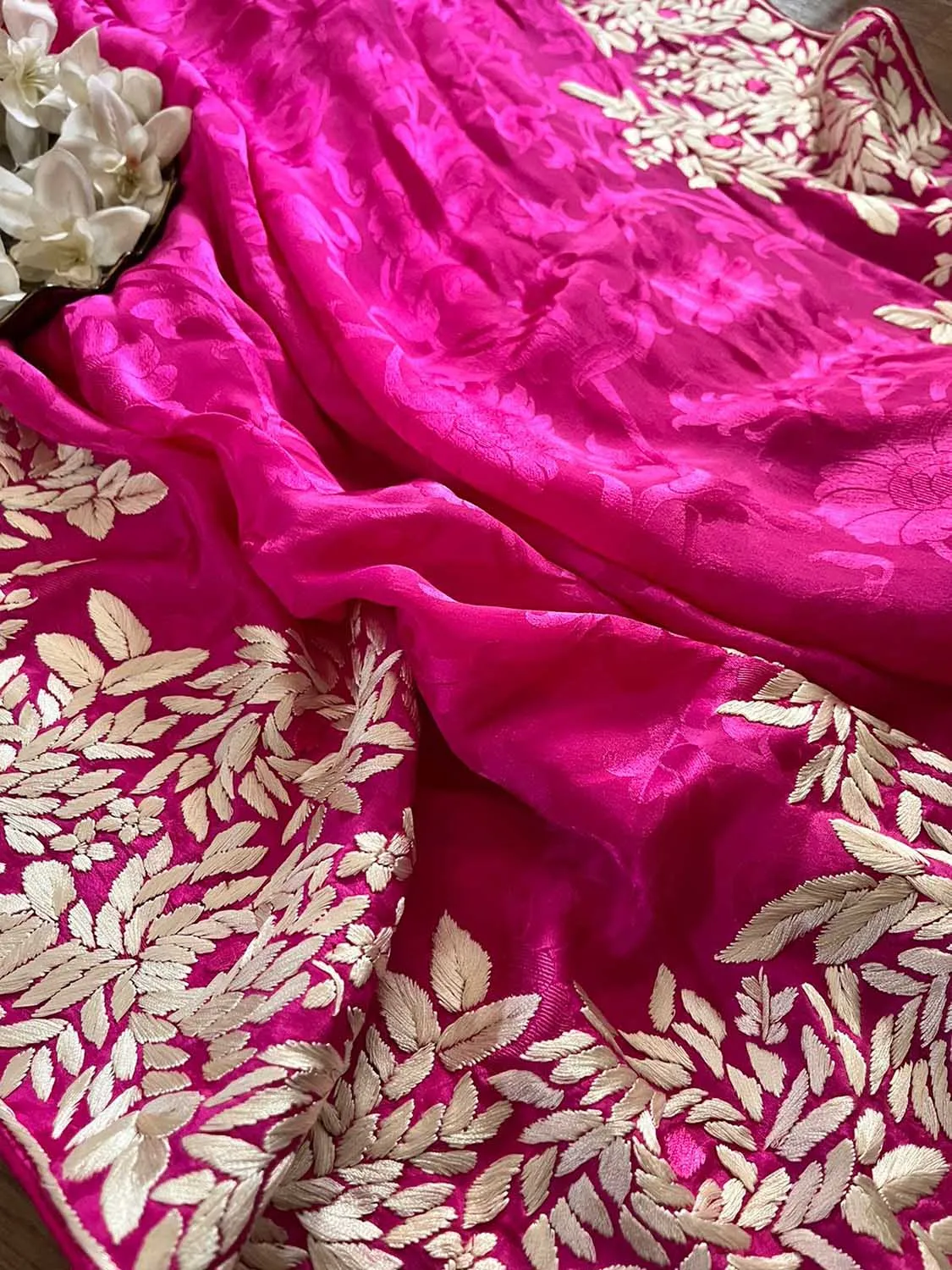 Pink Hand Embroidered Parsi Gara Crepe Floral Saree