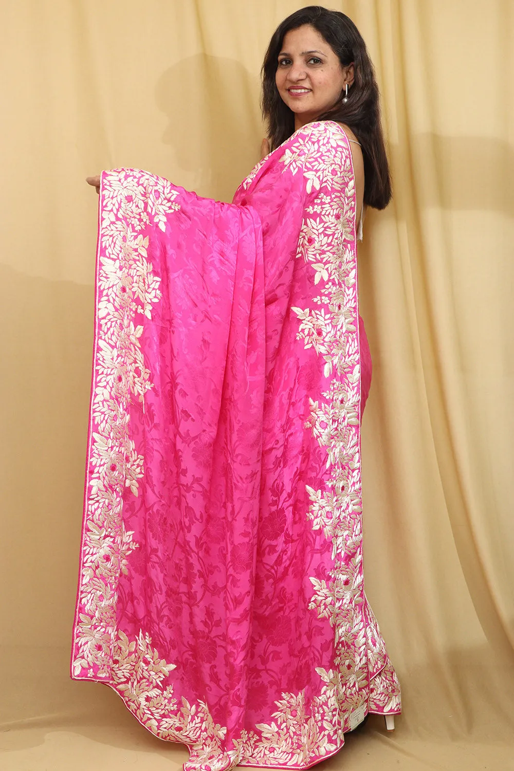 Pink Hand Embroidered Parsi Gara Crepe Floral Saree