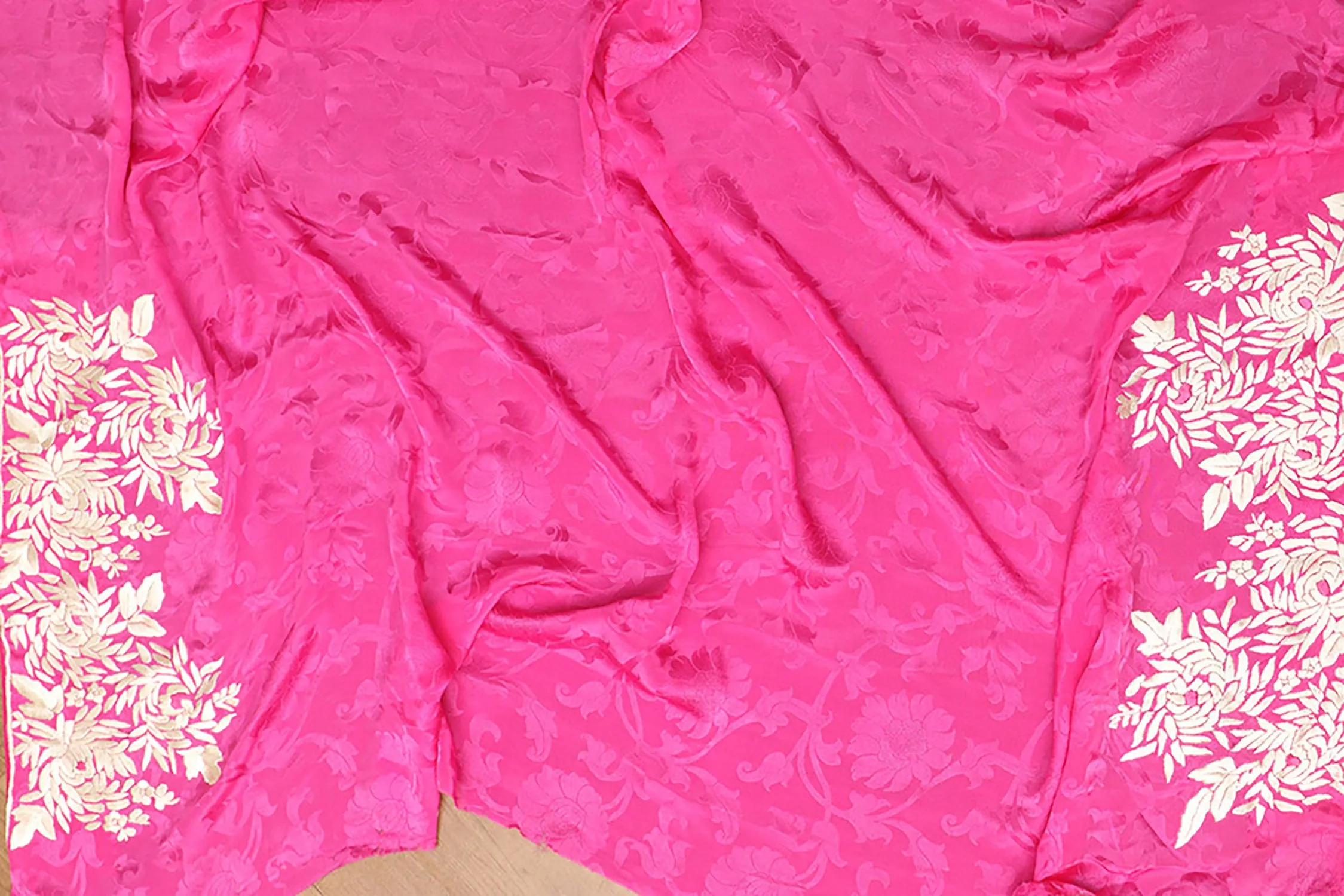 Pink Hand Embroidered Parsi Gara Crepe Floral Saree
