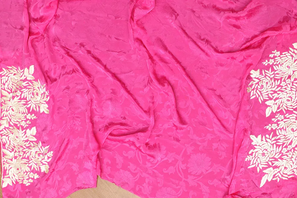 Pink Hand Embroidered Parsi Gara Crepe Floral Saree