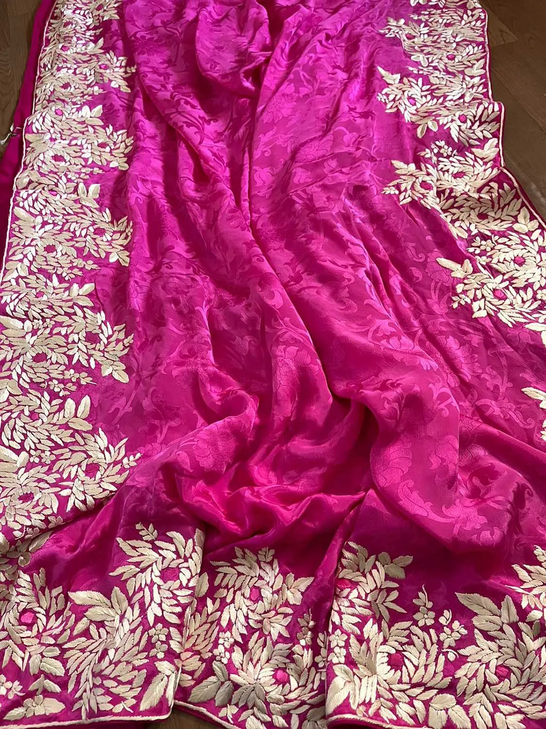 Pink Hand Embroidered Parsi Gara Crepe Floral Saree