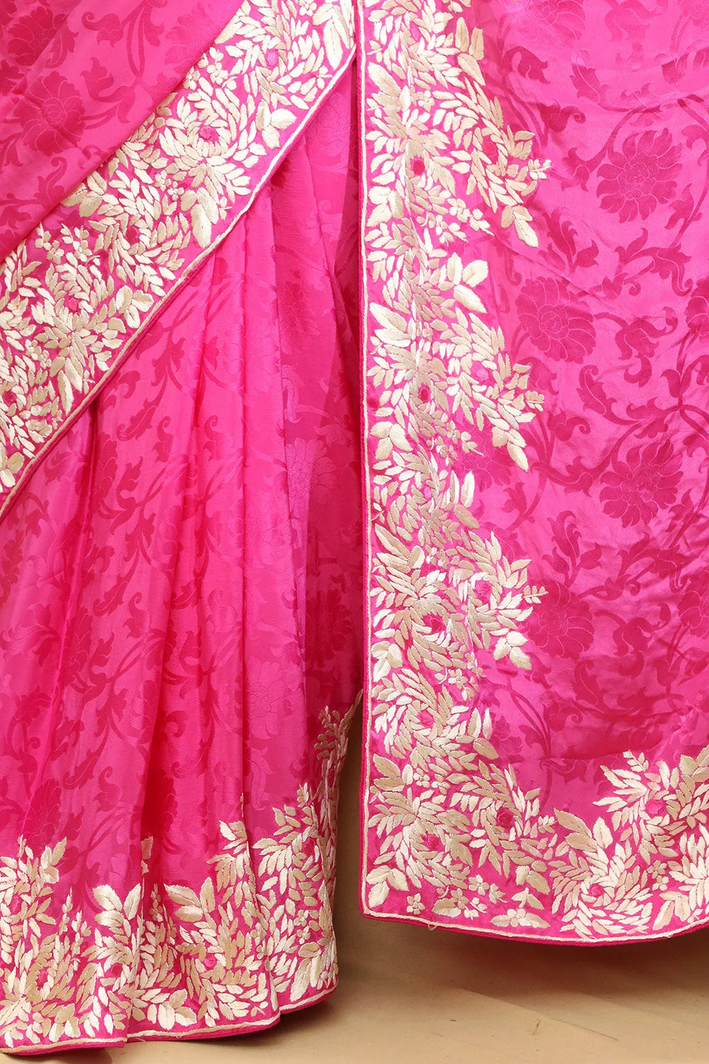 Pink Hand Embroidered Parsi Gara Crepe Floral Saree