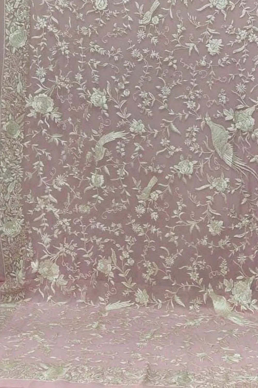 Pink Parsi Hand Embroidered Georgette Dupatta