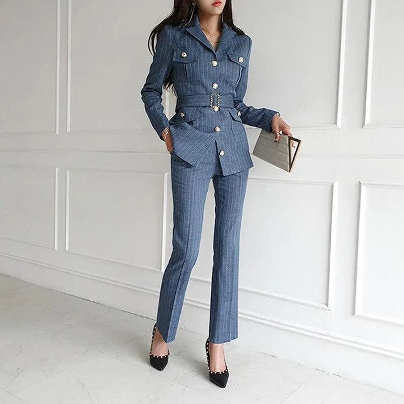 Pinstripe Multi-Pockets Women's Suit