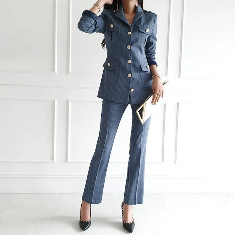 Pinstripe Multi-Pockets Women's Suit