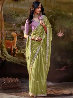 Pista Green Pure Organza Festival Wear Saree With Blouse