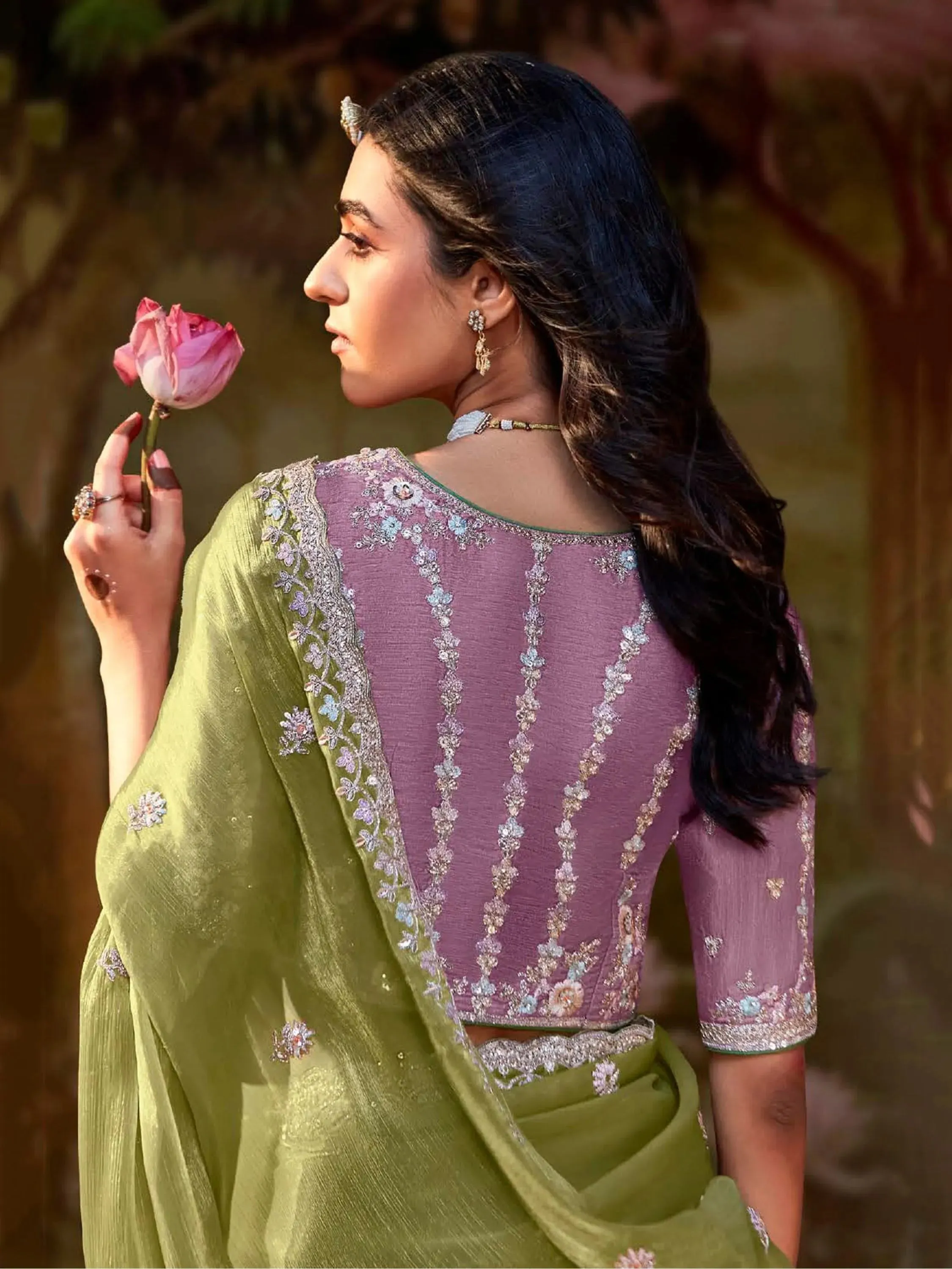 Pista Green Pure Organza Festival Wear Saree With Blouse