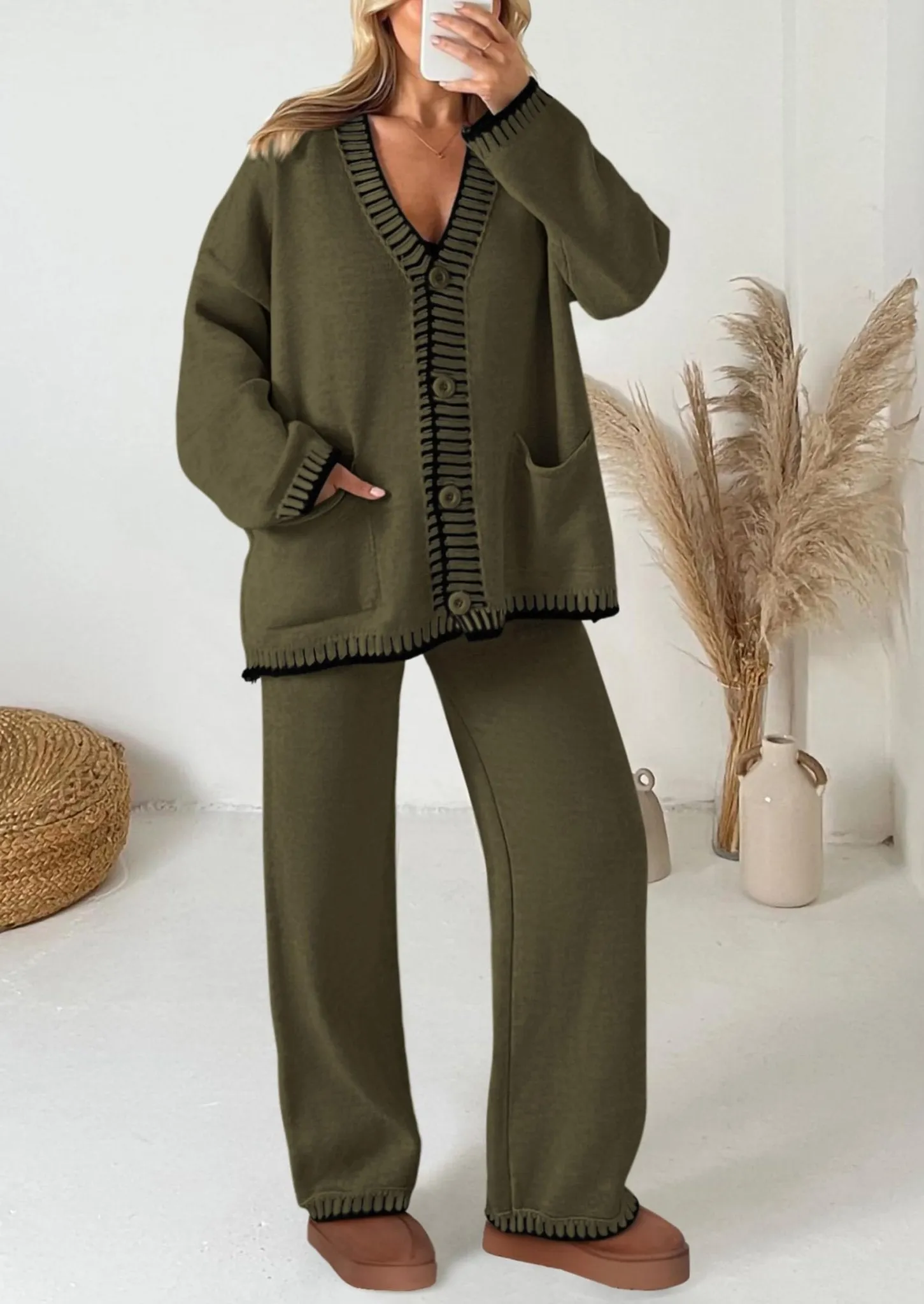 PRETTYGARDEN Women's 2 Piece Outfits Knit Matching Lounge Sets Long Sleeve V Neck Cardigan Sweaters Wide Leg Pants Tracksuits (Khaki Green,Small)