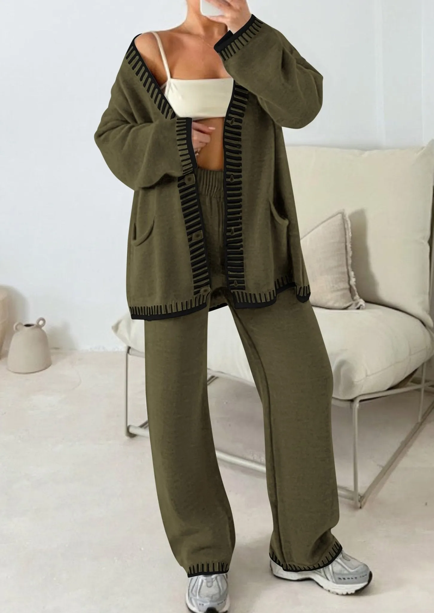 PRETTYGARDEN Women's 2 Piece Outfits Knit Matching Lounge Sets Long Sleeve V Neck Cardigan Sweaters Wide Leg Pants Tracksuits (Khaki Green,Small)