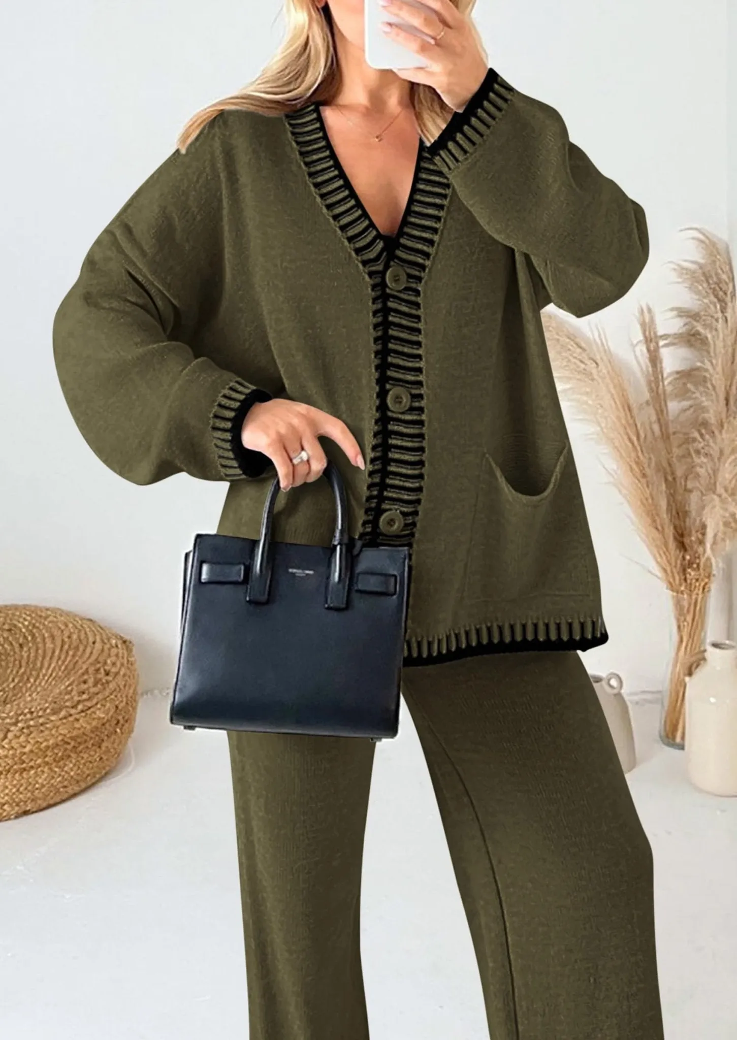 PRETTYGARDEN Women's 2 Piece Outfits Knit Matching Lounge Sets Long Sleeve V Neck Cardigan Sweaters Wide Leg Pants Tracksuits (Khaki Green,Small)