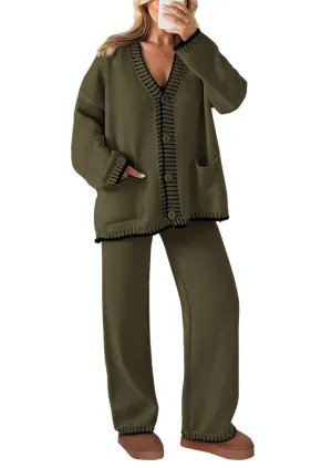 PRETTYGARDEN Women's 2 Piece Outfits Knit Matching Lounge Sets Long Sleeve V Neck Cardigan Sweaters Wide Leg Pants Tracksuits (Khaki Green,Small)