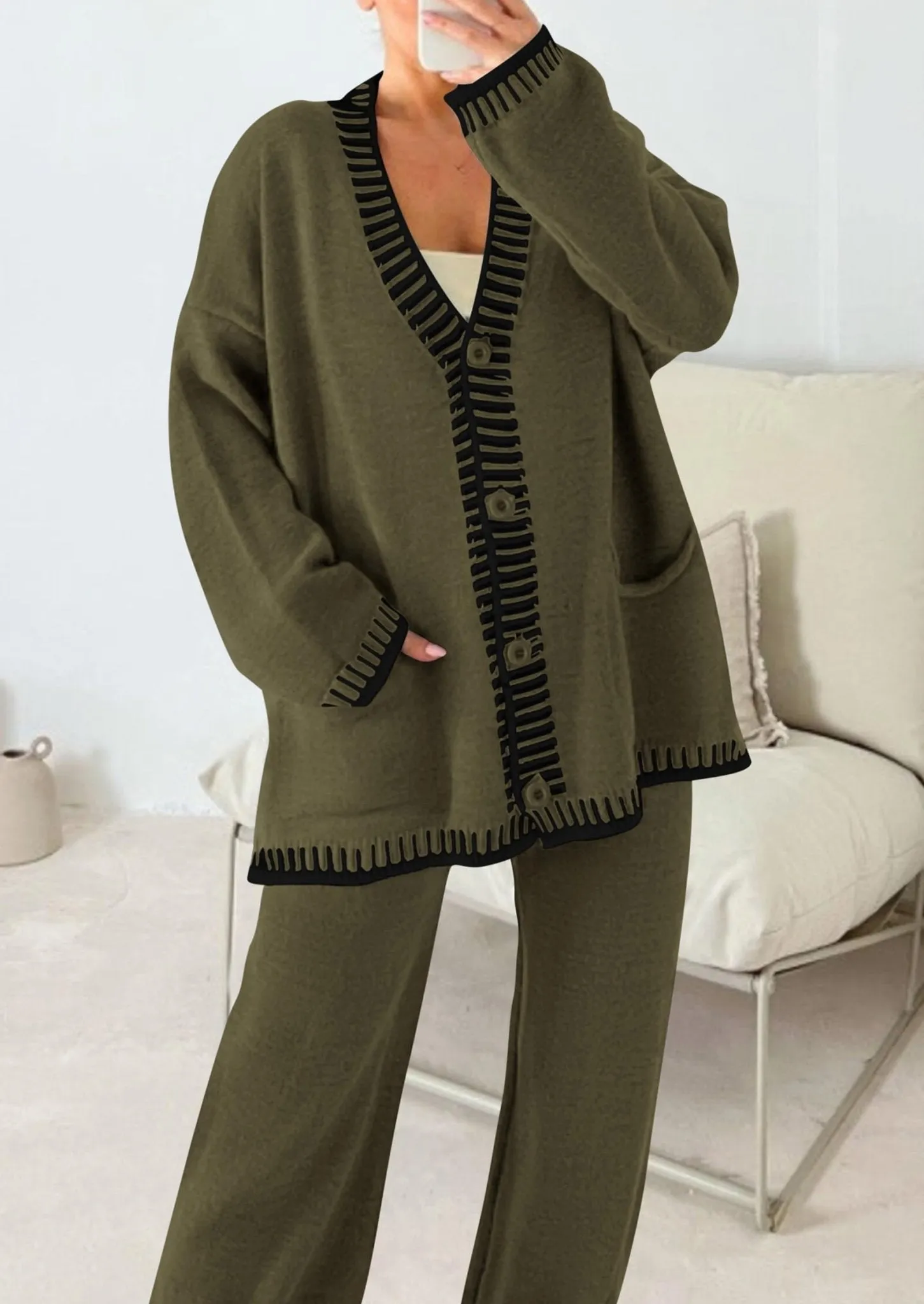 PRETTYGARDEN Women's 2 Piece Outfits Knit Matching Lounge Sets Long Sleeve V Neck Cardigan Sweaters Wide Leg Pants Tracksuits (Khaki Green,Small)