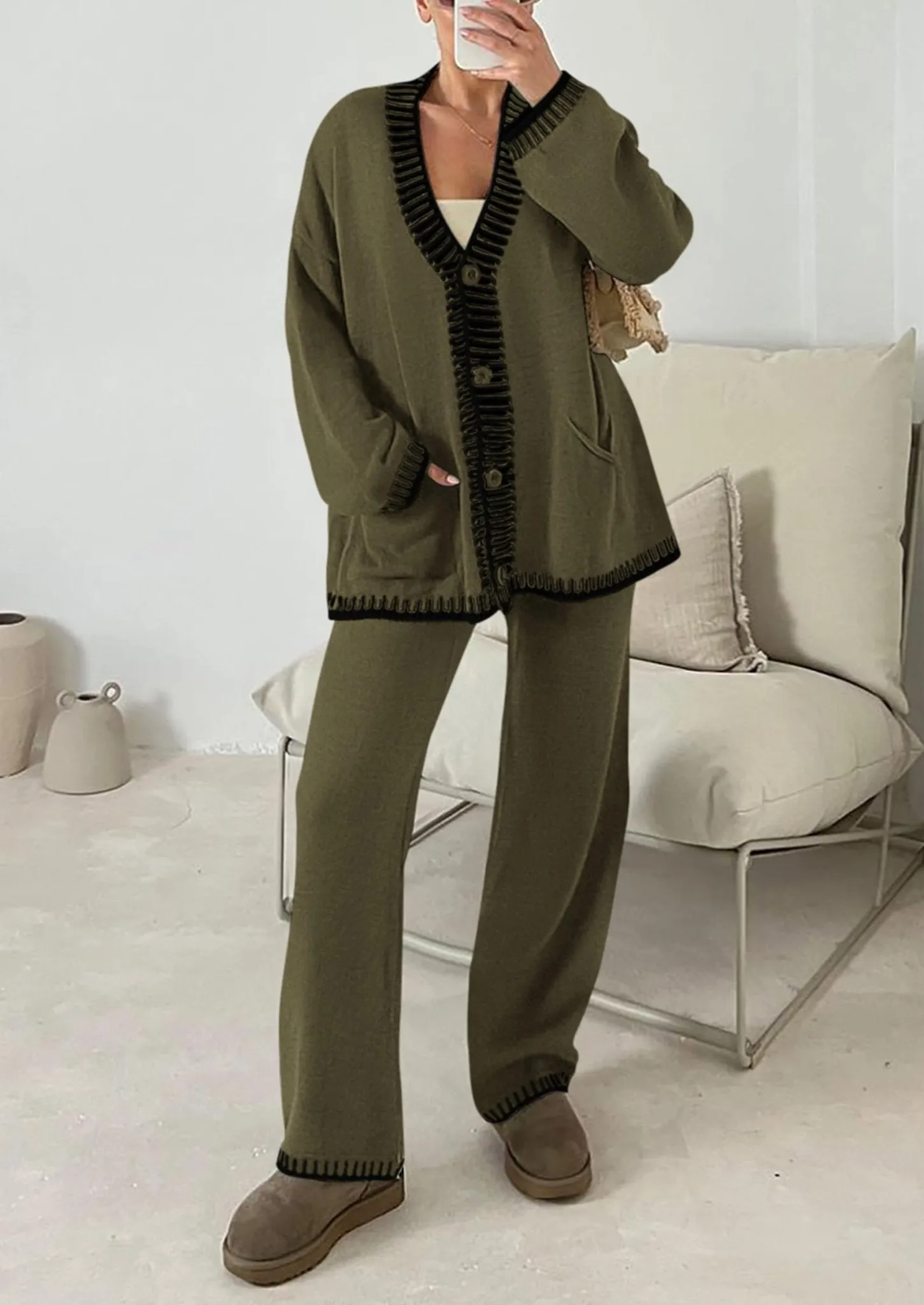 PRETTYGARDEN Women's 2 Piece Outfits Knit Matching Lounge Sets Long Sleeve V Neck Cardigan Sweaters Wide Leg Pants Tracksuits (Khaki Green,Small)