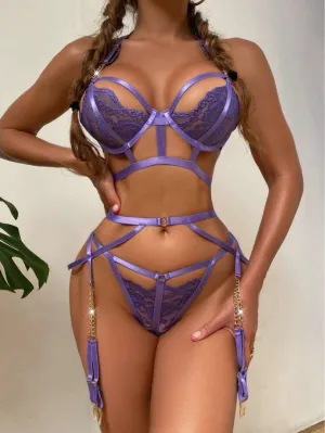 Purple Lace Embroidered Three Piece Lingerie Set for Women