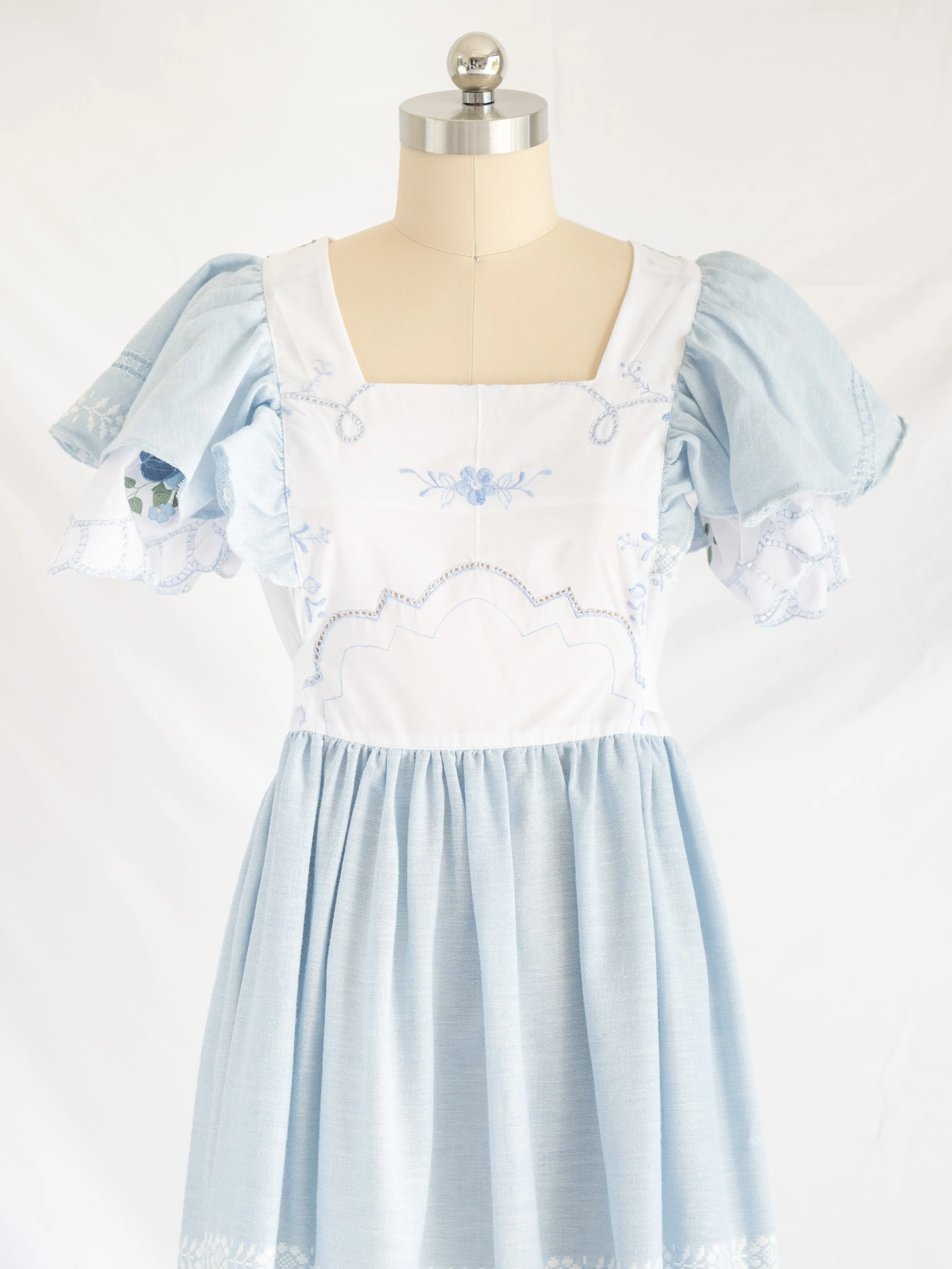 Re-design Upcycled Floral Hand Embroidery White and Blue Maxi Dress