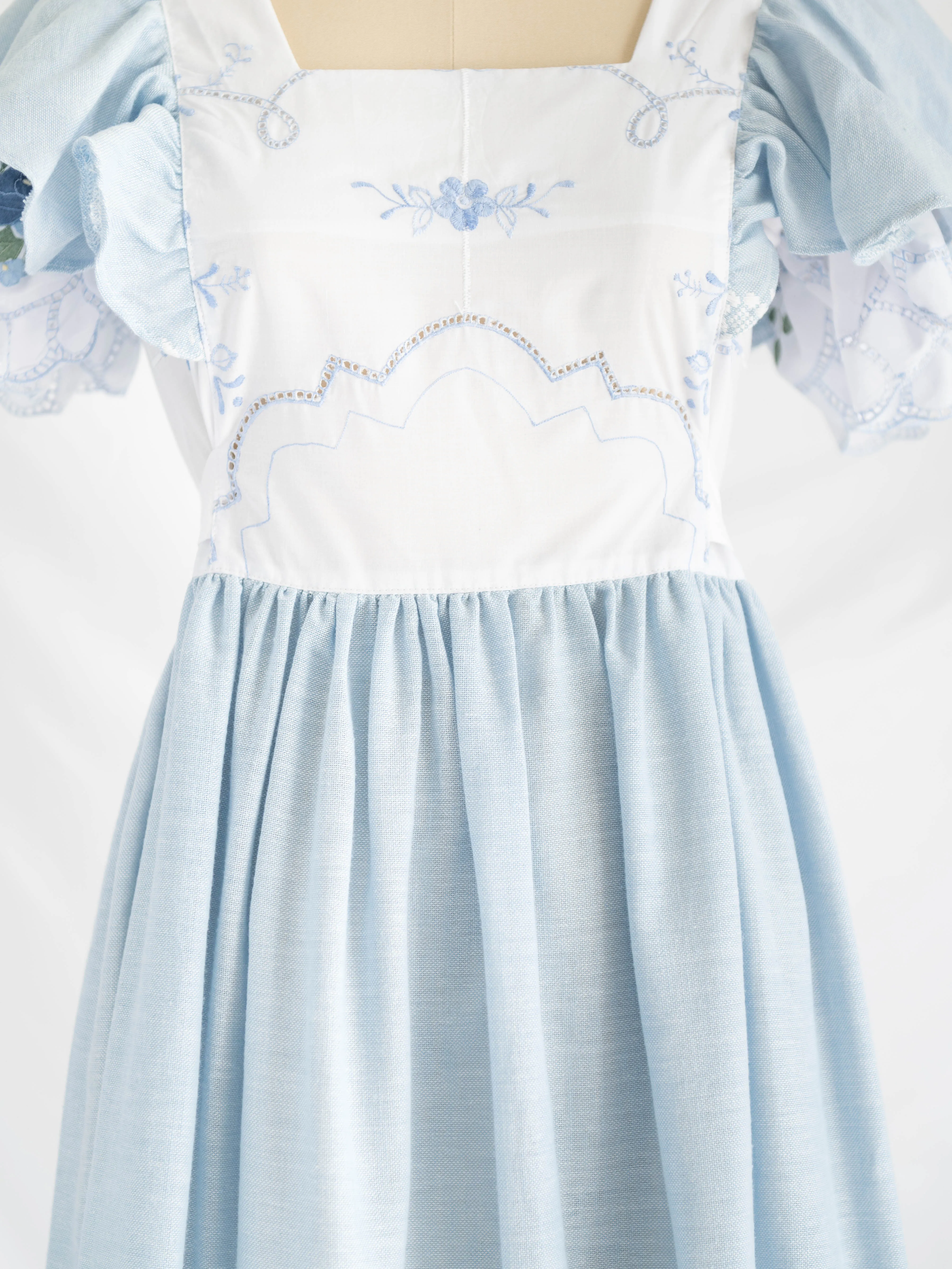 Re-design Upcycled Floral Hand Embroidery White and Blue Maxi Dress