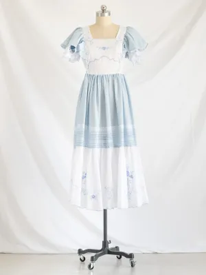 Re-design Upcycled Floral Hand Embroidery White and Blue Maxi Dress