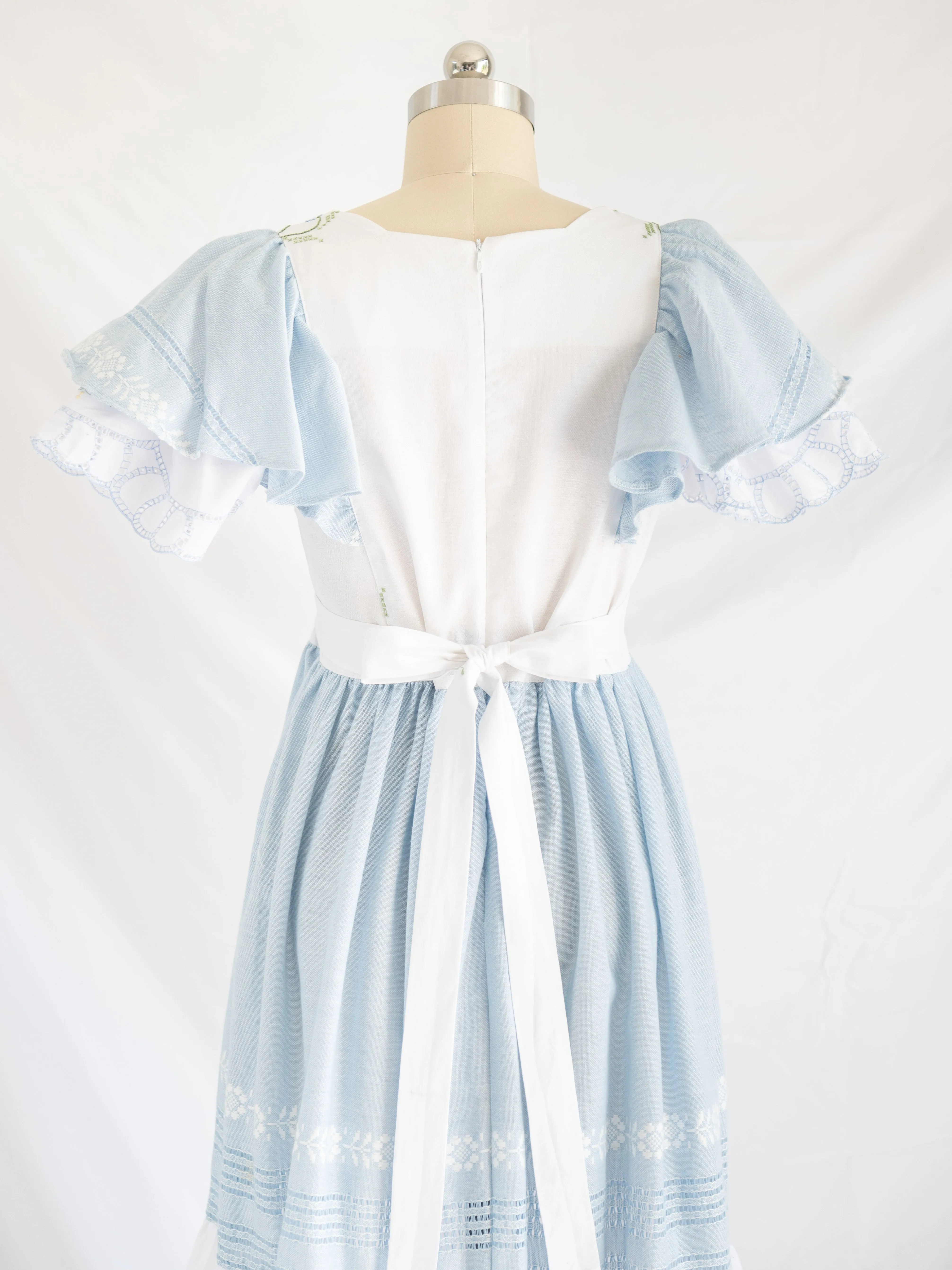 Re-design Upcycled Floral Hand Embroidery White and Blue Maxi Dress