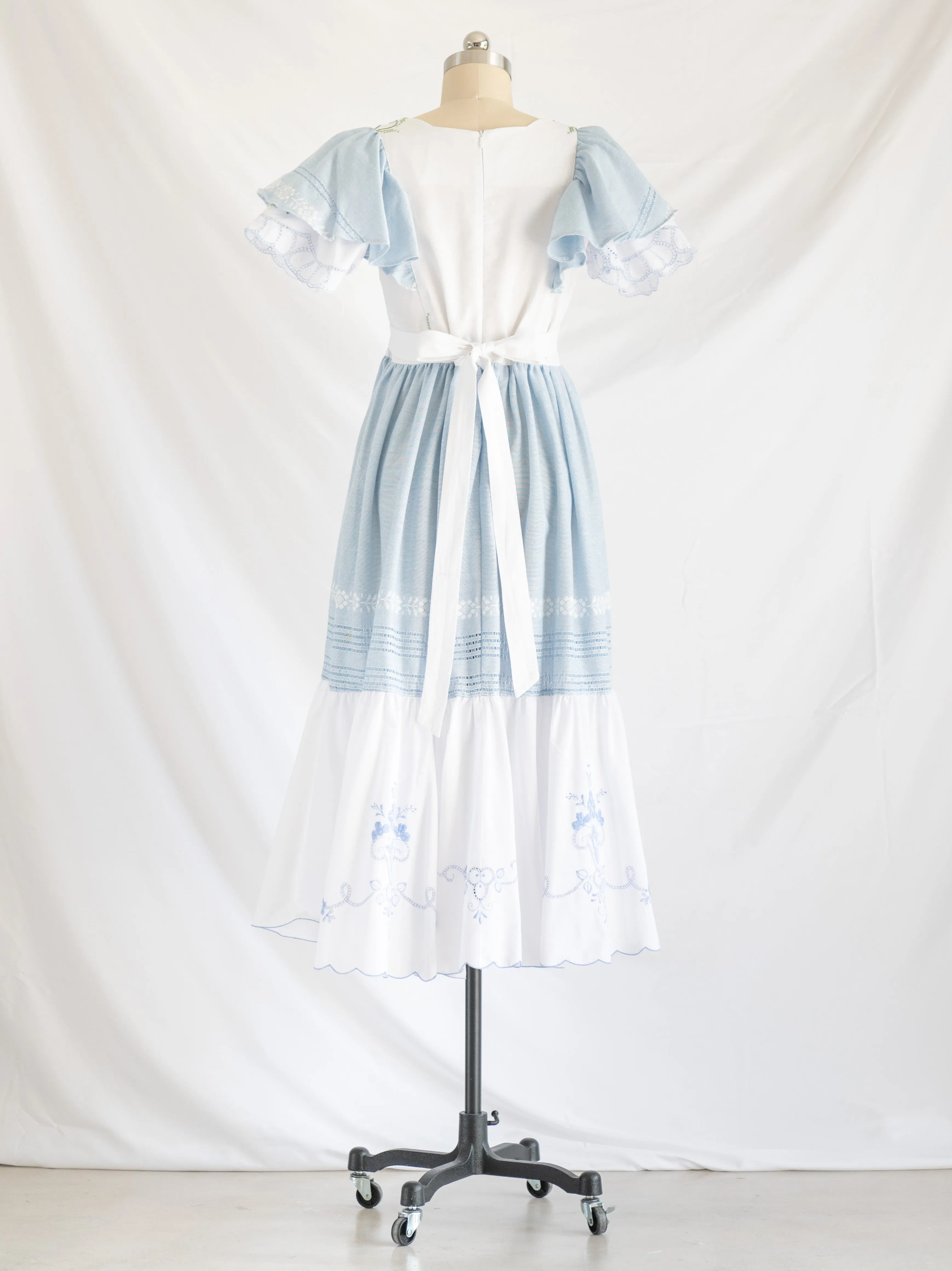 Re-design Upcycled Floral Hand Embroidery White and Blue Maxi Dress
