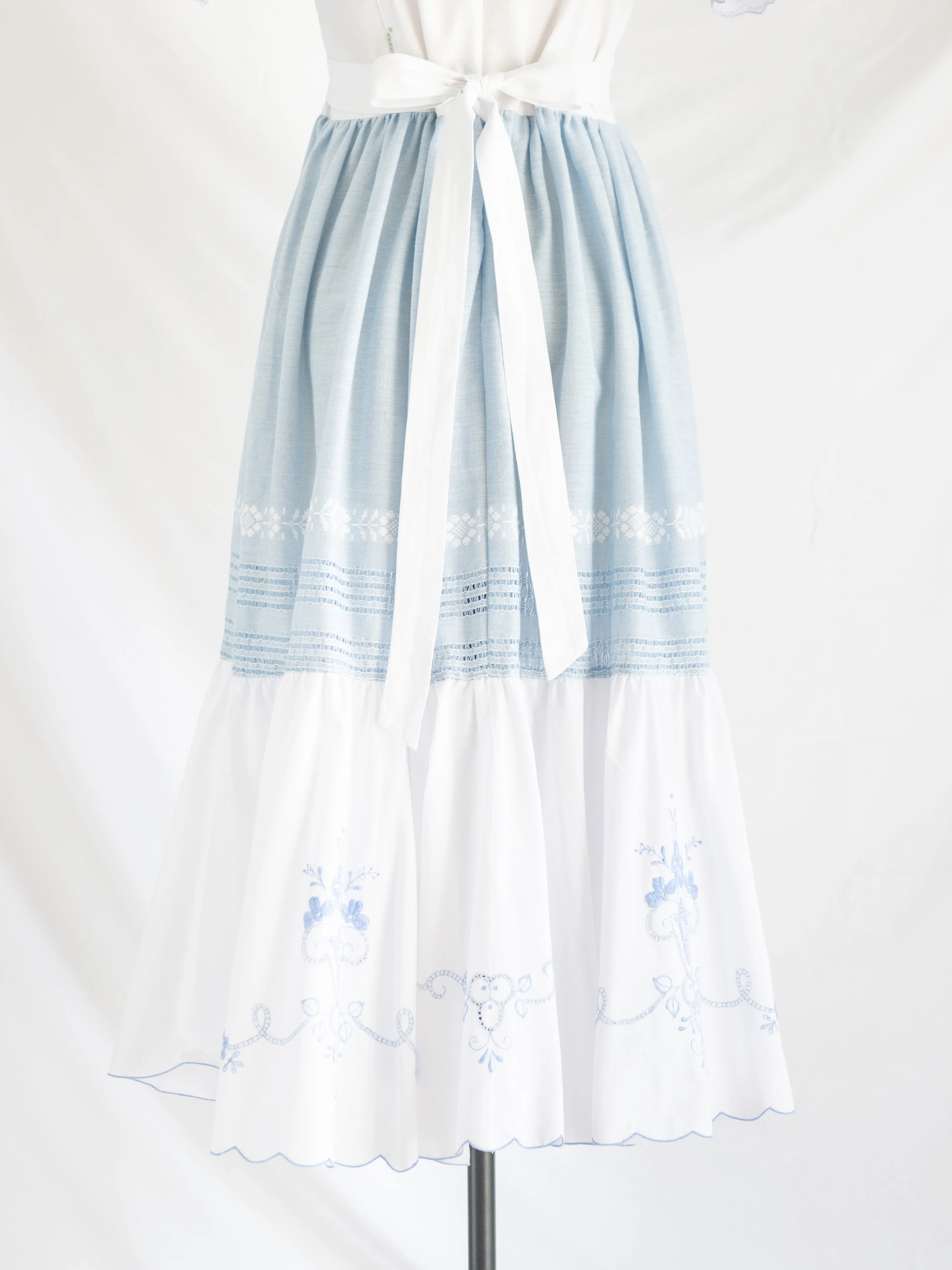 Re-design Upcycled Floral Hand Embroidery White and Blue Maxi Dress