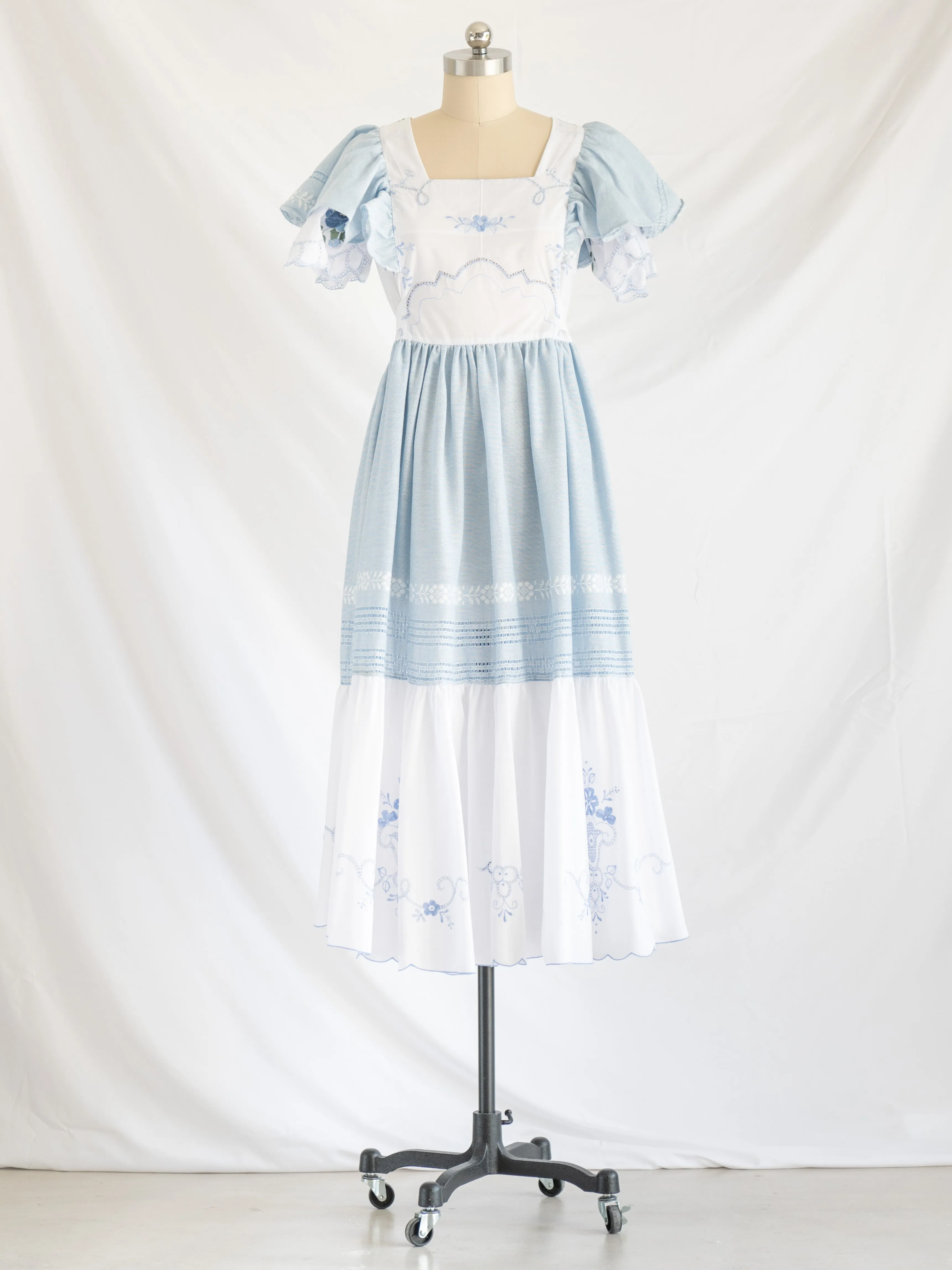 Re-design Upcycled Floral Hand Embroidery White and Blue Maxi Dress