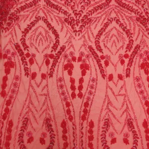 Red Bugle Beads Floral Embroidered Tulle Fabric