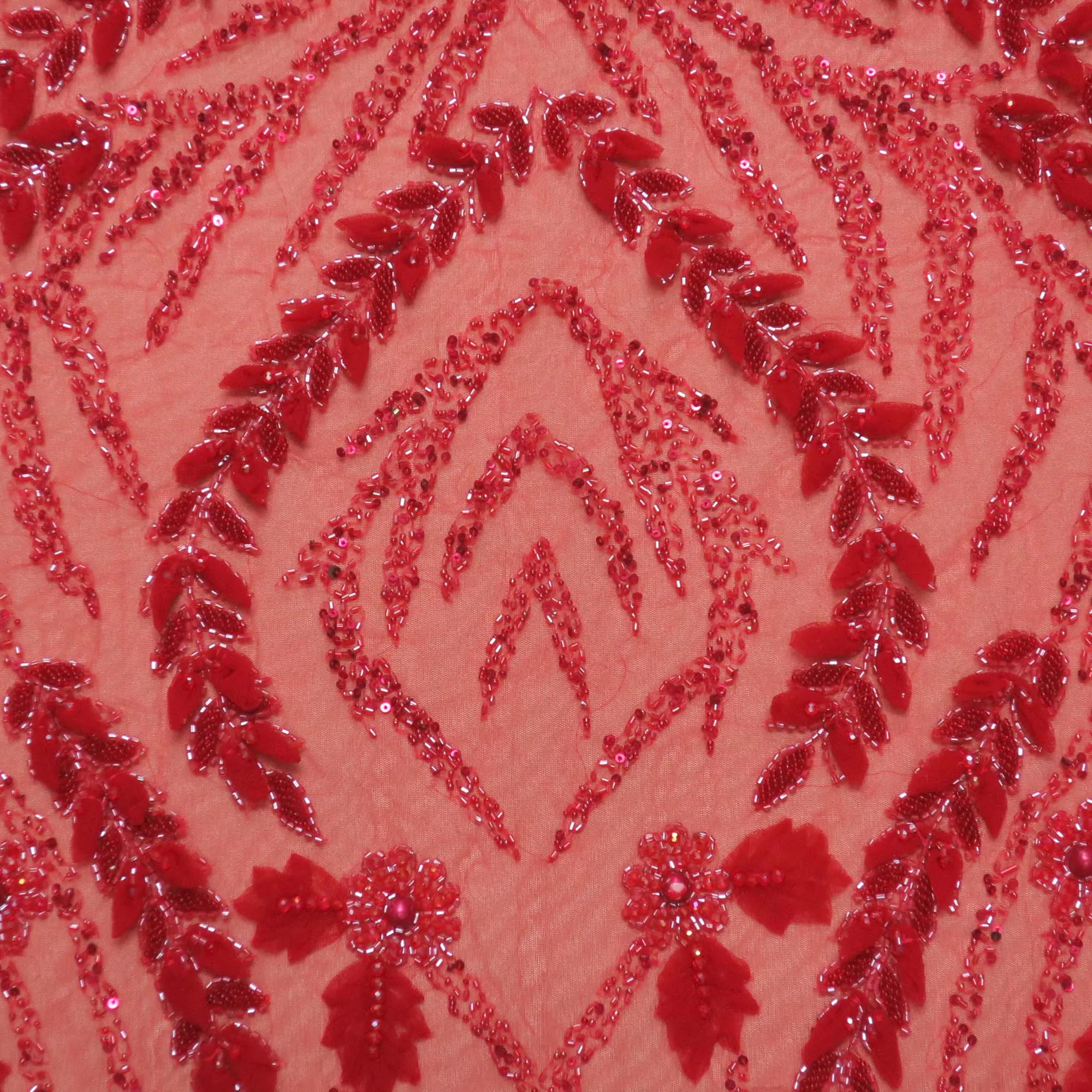 Red Bugle Beads Floral Embroidered Tulle Fabric