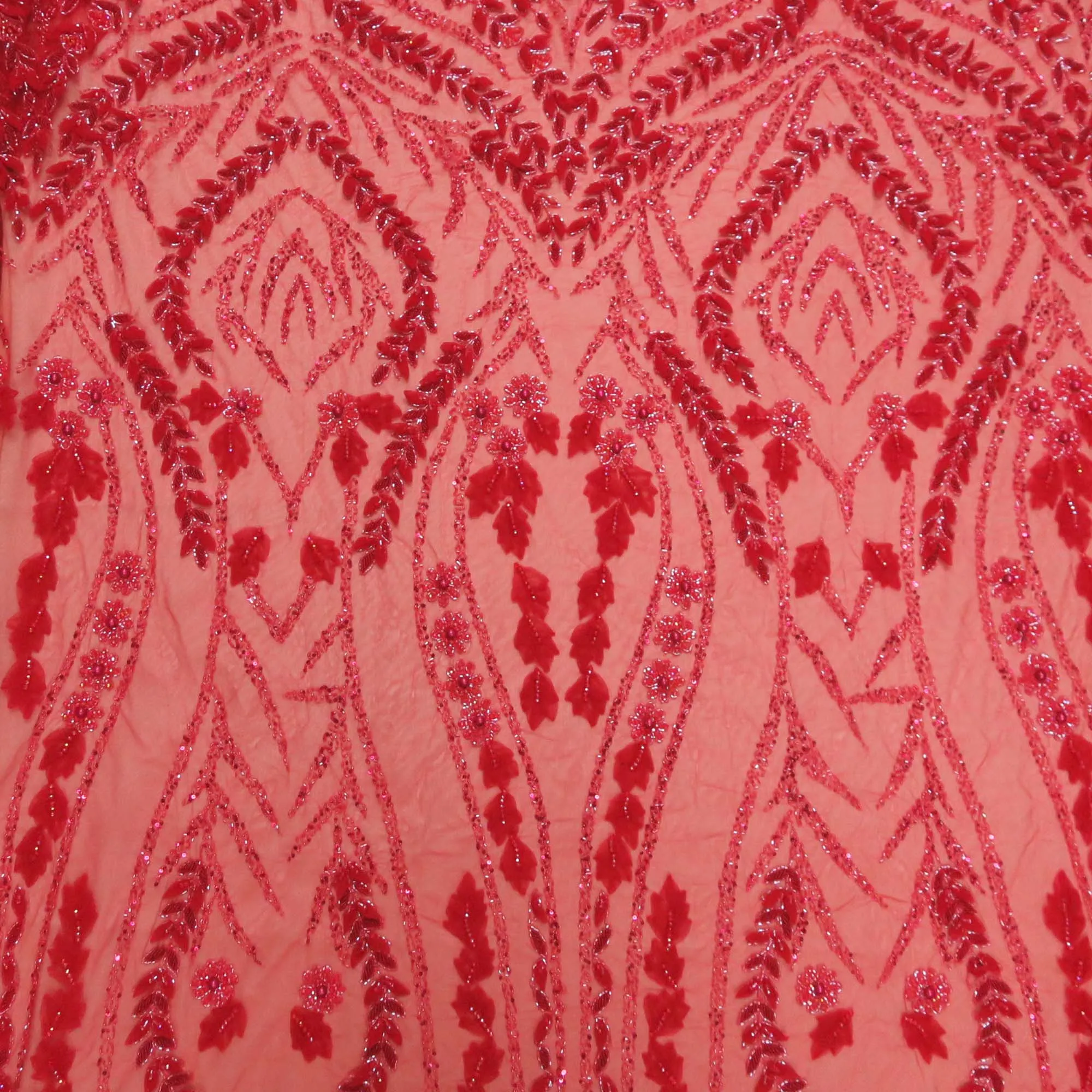 Red Bugle Beads Floral Embroidered Tulle Fabric