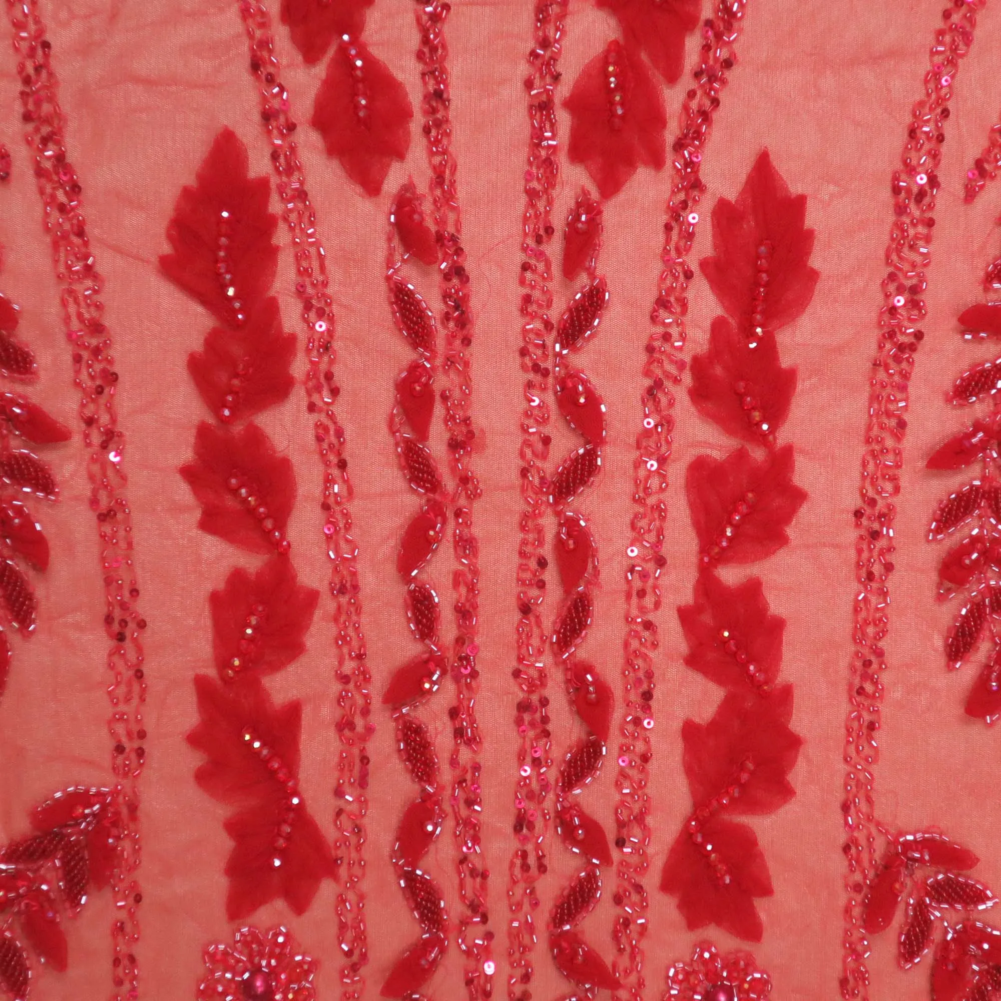 Red Bugle Beads Floral Embroidered Tulle Fabric