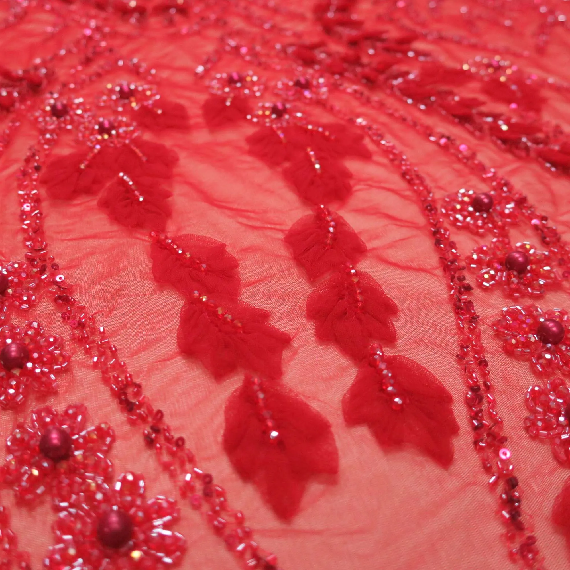 Red Bugle Beads Floral Embroidered Tulle Fabric