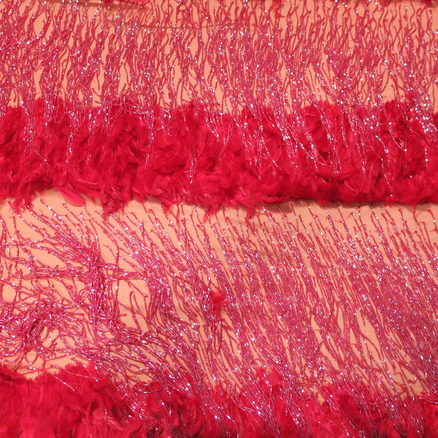 Red Tulle with Fringes and Feathers Abstract Embroidered Fabric