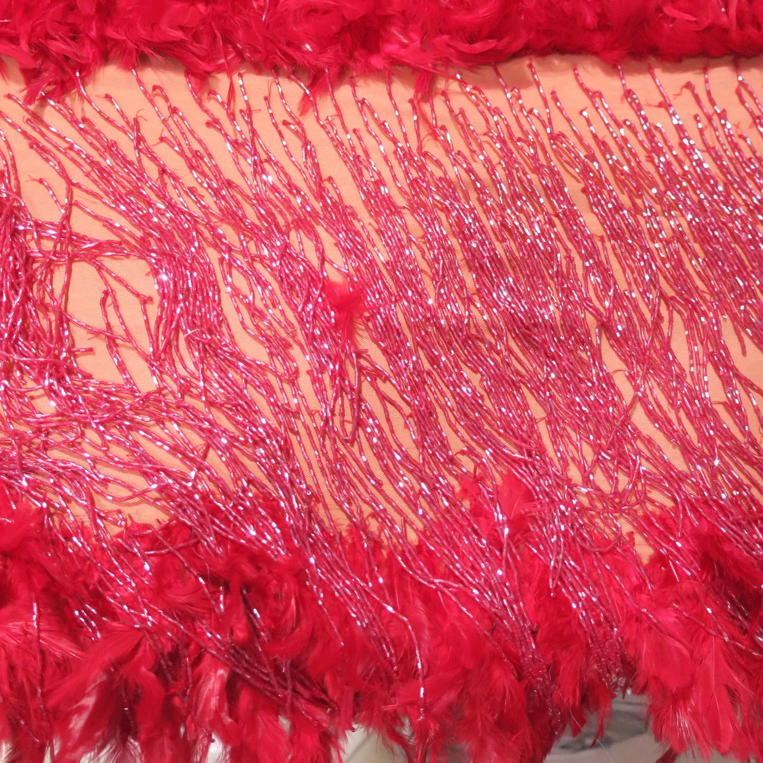 Red Tulle with Fringes and Feathers Abstract Embroidered Fabric
