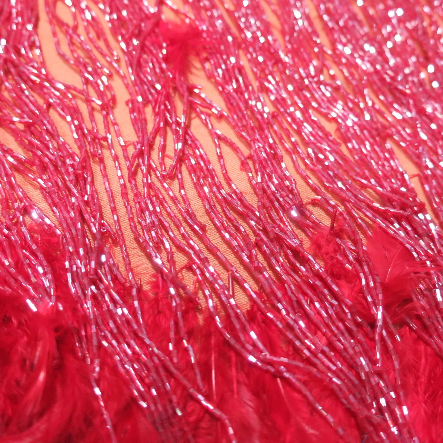 Red Tulle with Fringes and Feathers Abstract Embroidered Fabric