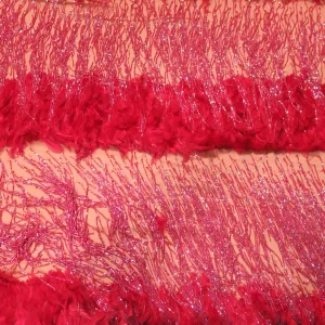 Red Tulle with Fringes and Feathers Abstract Embroidered Fabric