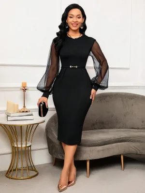 SHEIN Lady Office Dress Elegant Contrast Mesh Lantern Sleeve Split Back Bodycon Dress Without Belt