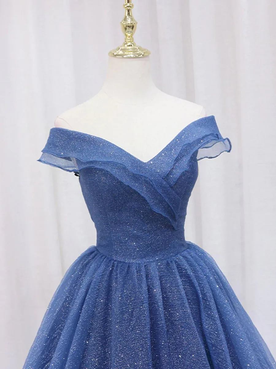 Shiny Off Shoulder Navy Blue Tulle Navy Blue Formal Graduation Evening Dresses