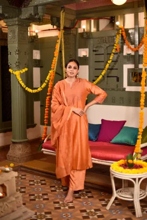 Sitara Peach Embroidered Munga Silk Kurta Bottom Dupatta set | Ray-ethnic