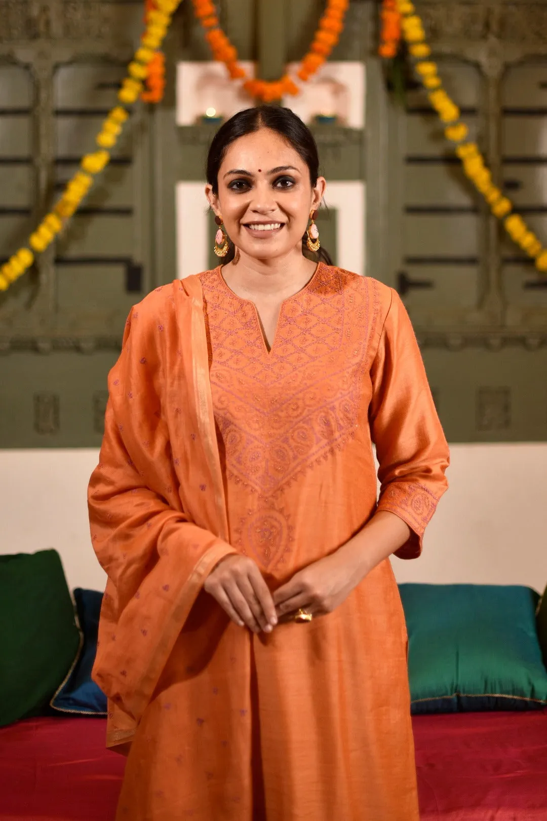 Sitara Peach Embroidered Munga Silk Kurta Bottom Dupatta set | Ray-ethnic