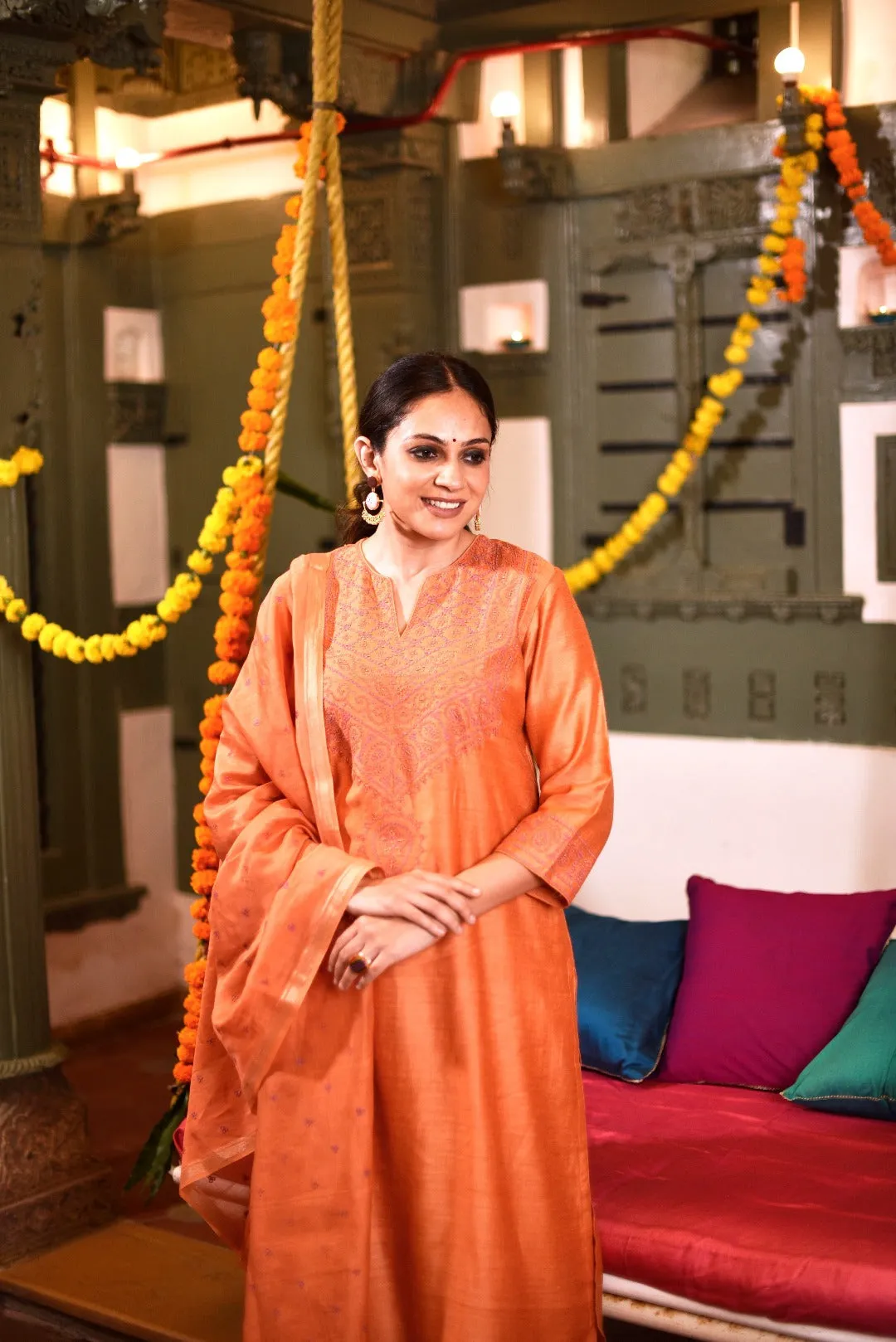 Sitara Peach Embroidered Munga Silk Kurta Bottom Dupatta set | Ray-ethnic