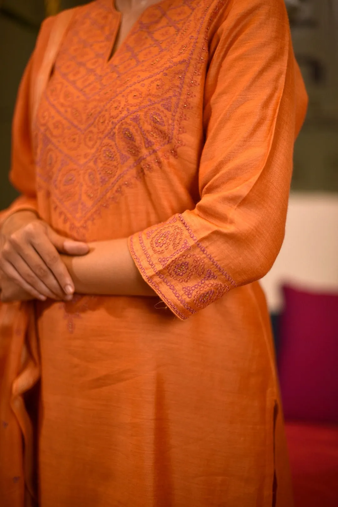 Sitara Peach Embroidered Munga Silk Kurta Bottom Dupatta set | Ray-ethnic