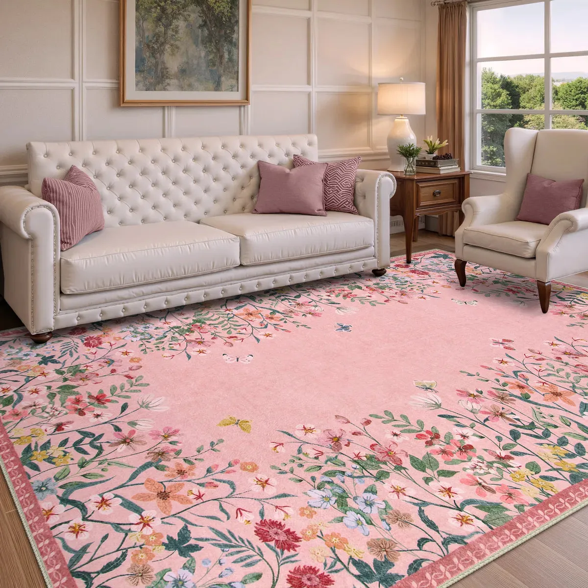 Solene Modern Blooming Floral Garden Pink Area Rug
