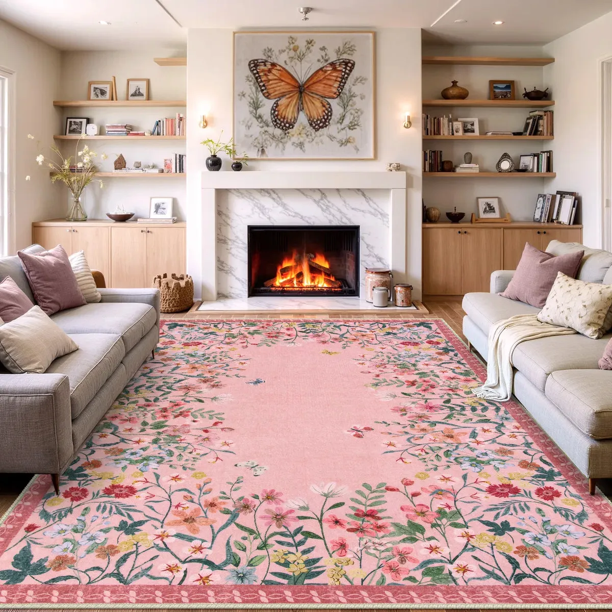 Solene Modern Blooming Floral Garden Pink Area Rug